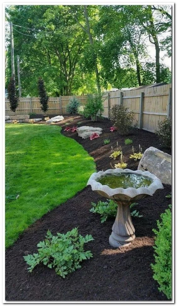 cheap simple front yard landscaping ideas with bird bath 